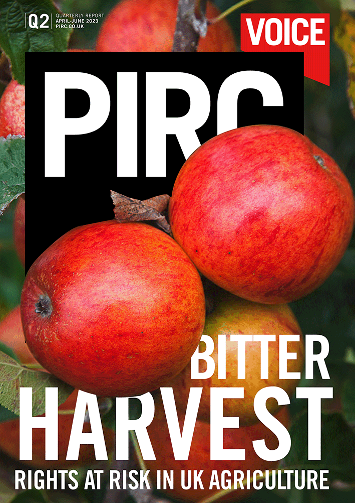 Cover of the PIRC document 'Bitter harvest' with pictures of red apples and leaves.