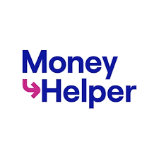 Money Helper logo - Blue text with a pink arrow on a white background