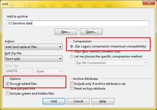 -Screenshot of the 'Add' dialog  box Compression set to 'Zip: Legacy compression, and 'Encrypt added files' ticked
