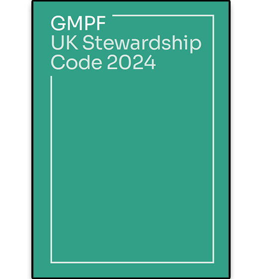 Front cover of GMPF UK Stewardship Code 2024 white text on green background