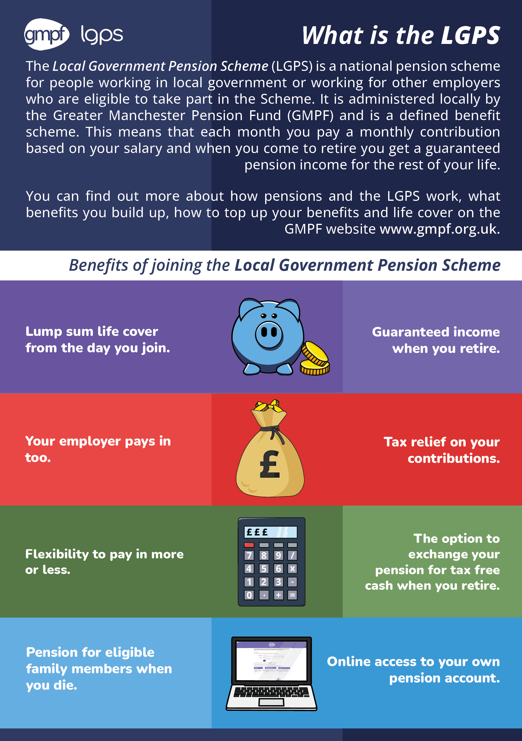 LGPS pension flyer preview showing colourful A5 leaflet design