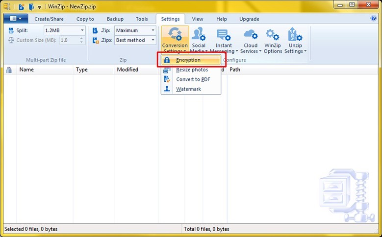 -Screenshot of Winzip window which highlights the 'Conversion Settings' and 'Encryption' from the drop-down menu
