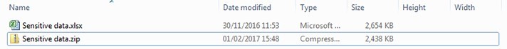 -	Screenshot of a file window with two documents, one excel and one zip file and both read ‘Sensitive data’