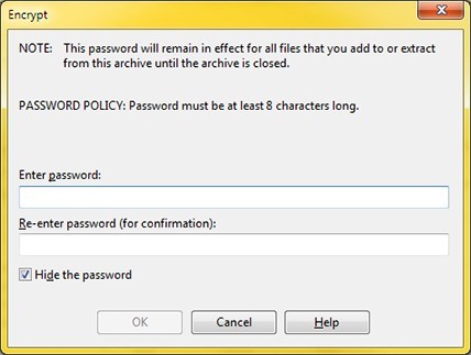 Screenshot of a the 'Encrypt' window with options to enter password and re-enter password.